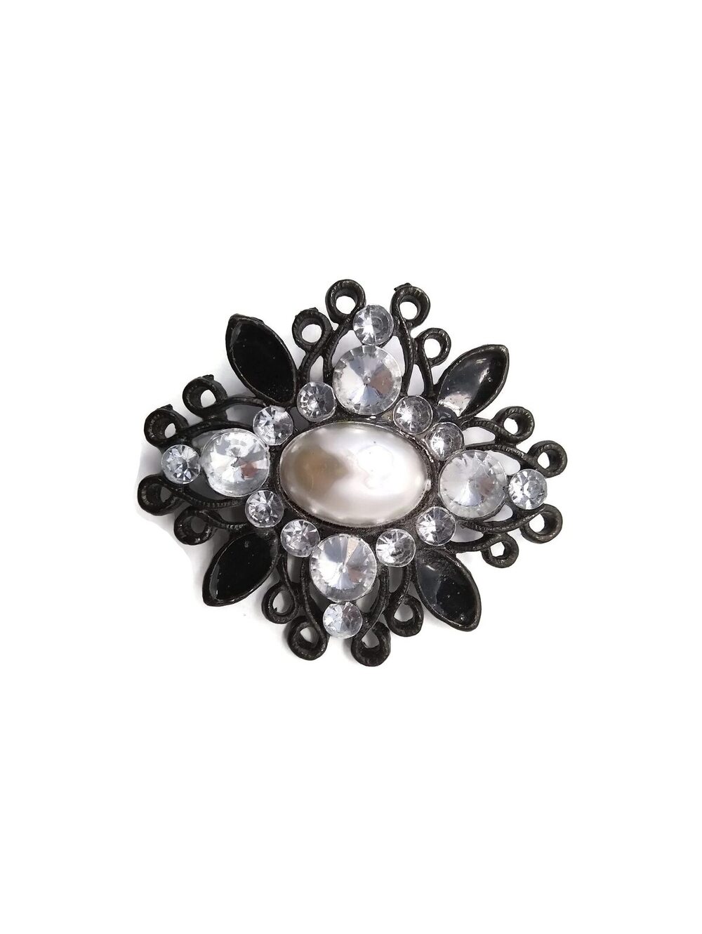 Vintage Gunmetal, Black Enamel, Faux Pearl and Clear Rhinestones Brooch.
